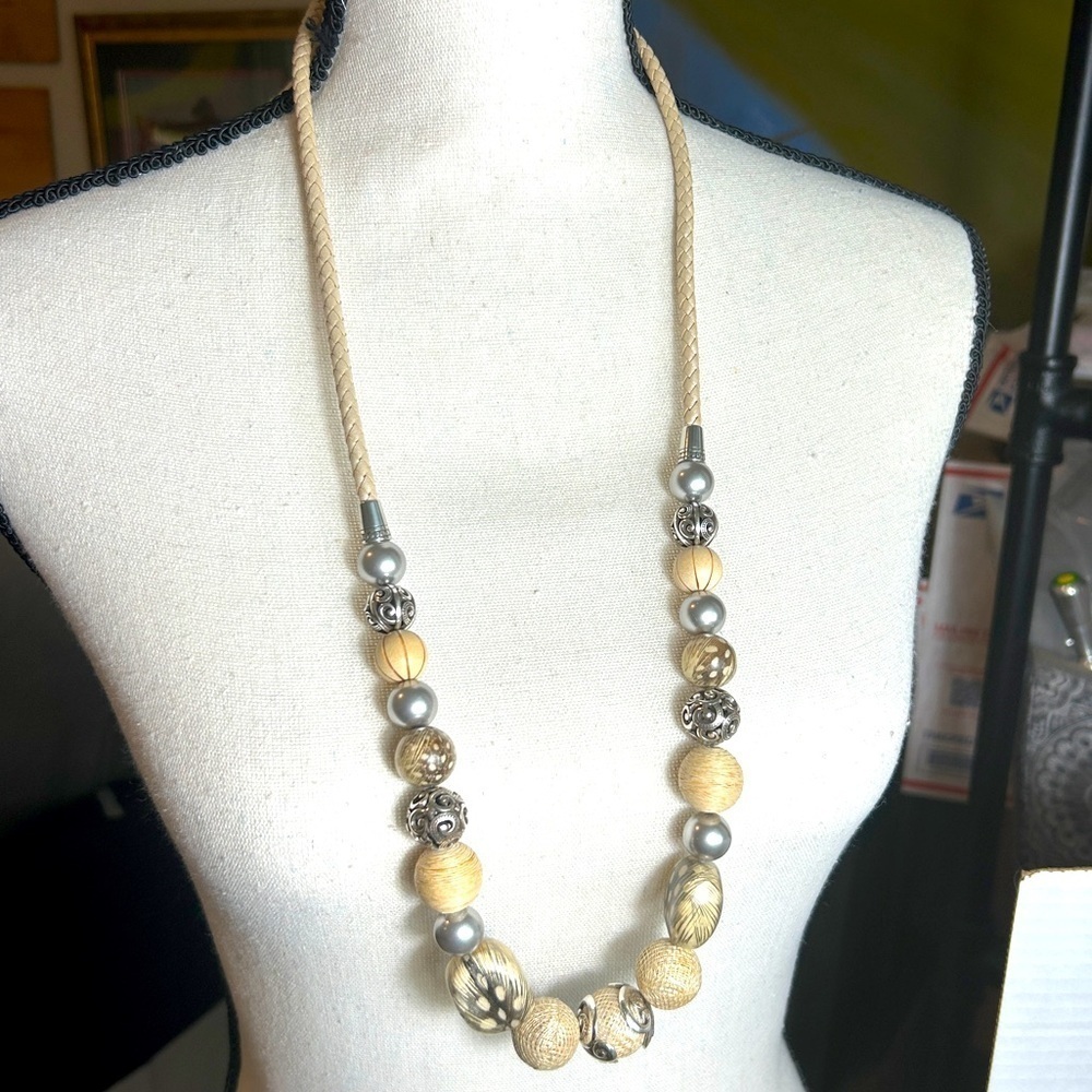 Brighton Natural Instinct Beaded Necklace Leather Braid Silver Plated Boho